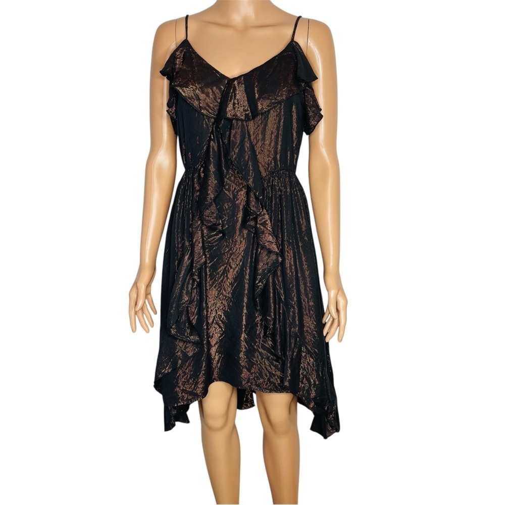 Amadi Anthropologie Black and Bronze Metallic Ruffle Dress size M NWT Party
